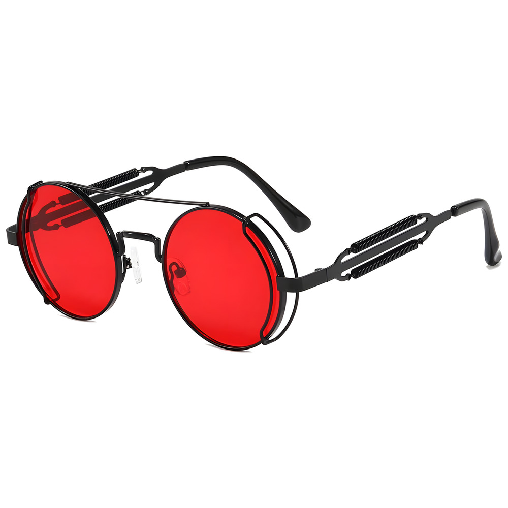 Coiled Spring Temple Bold Edge Red Lens Mens Womens Black Round Sunglasses - Picture 2 of 3